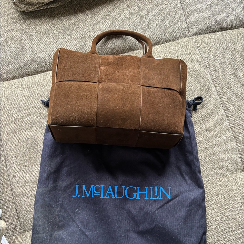 J. McLaughlin Tessare Woven Suede Handbag Dark Brown-online pics are Sand color